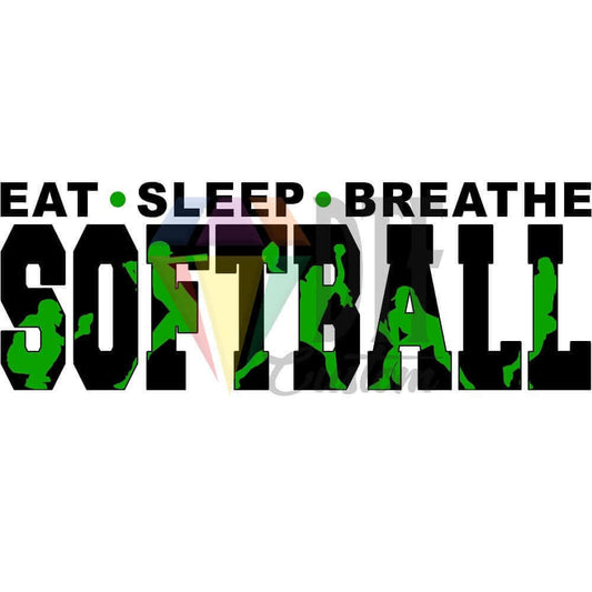 Eat Sleep Breathe Softball Black and Green DTF transfer design