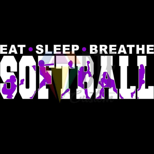 Eat Sleep Breathe Softball White and Purple DTF transfer design