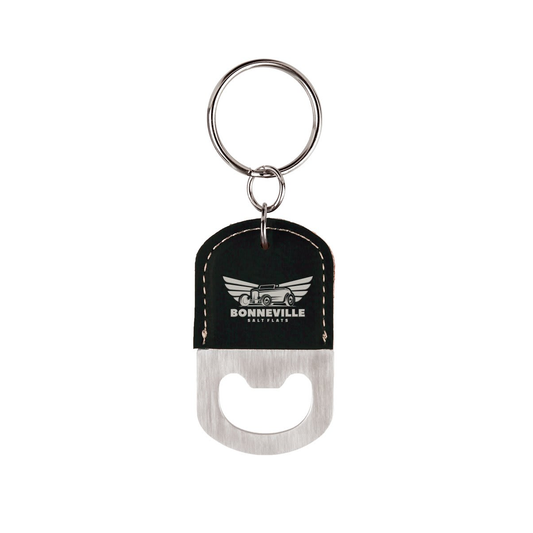 Laserable Leatherette Bottle Opener Keychain, Black/Silver